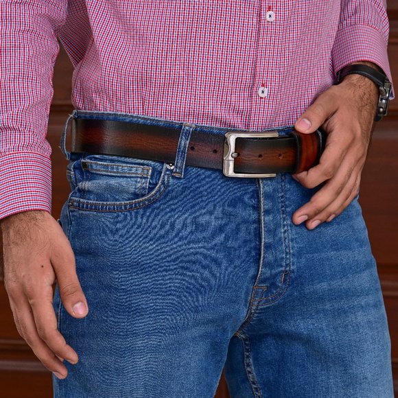 Genuine Leather Belt  For Men - Burnt Maroon Full Grain  - Free Personalization - Picture 8 of 15